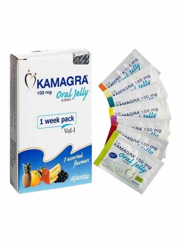 La foto es una caja de Kamagra Oral Jelly con un suministro semanal.